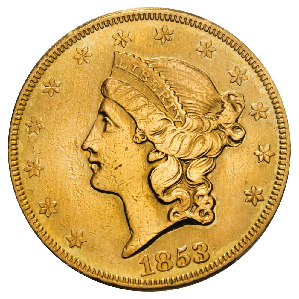 Rare coin for sale: 1853 P $20 Liberty Gold 1853/2 Twenty Dollar PCGS 98